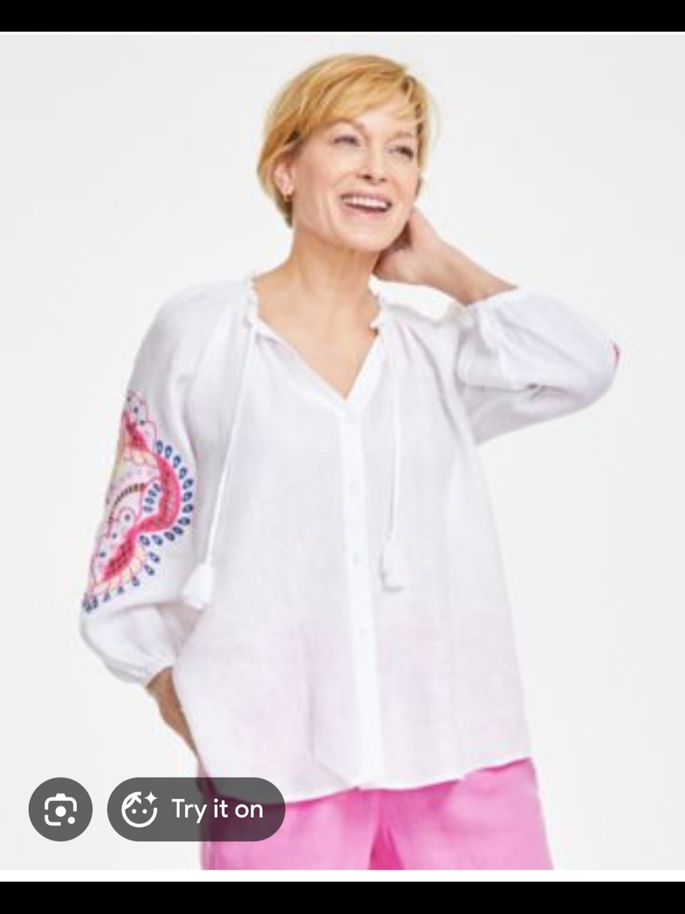 Charter Club Luxury White Embroidered Peasant Blouse. 100% Linen. Size 1x (NWT)